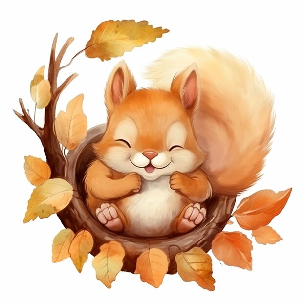 scoiattolo arafed che dorme in un nido con foglie e un ramo d'albero generativo ai