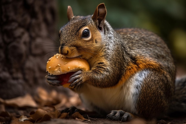 Scoiattolo che mangia un hamburger nella foresta Primo piano