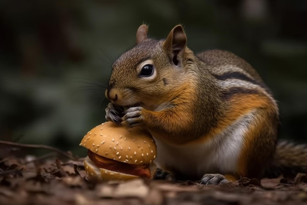 Scoiattolo che mangia un hamburger nella foresta Primo piano