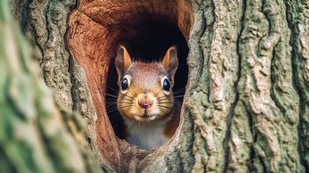 Scoiattolo rosso curioso che dà una occhiata dietro il tronco dell'albero IA generativa