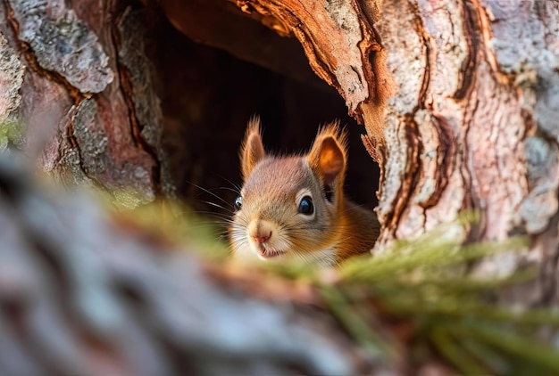 Scoiattolo rosso curioso che dà una occhiata dietro l'albero