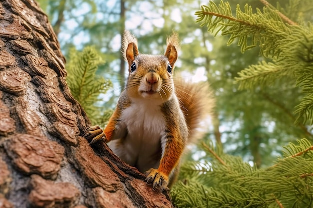 Scoiattolo su un primo piano dell'albero nel suo habitat naturale AI generato