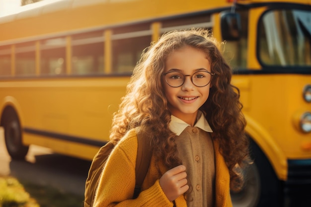 scolaressa con gli occhiali in piedi vicino all'autobus scolastico