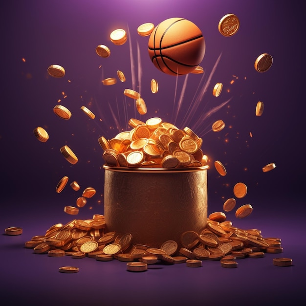 scommesse sportive palla da basket e monete d'oro su sfondo viola 3D