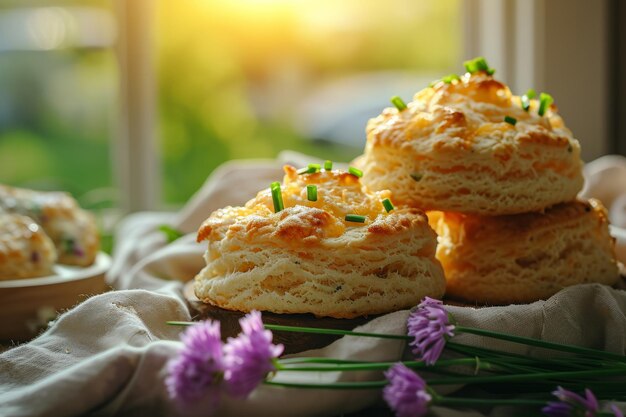 Scones con formaggio e cipolla verde Cheddar e biscotti di erba generativa AI