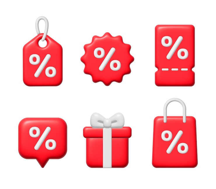 Foto sconto e promozione 3d con icona del simbolo percentuale isolata su sfondo bianco