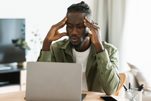 Sconvolto uomo freelance nero seduto alla scrivania in ufficio a casa che lavora su laptop e soffre di mal di testa