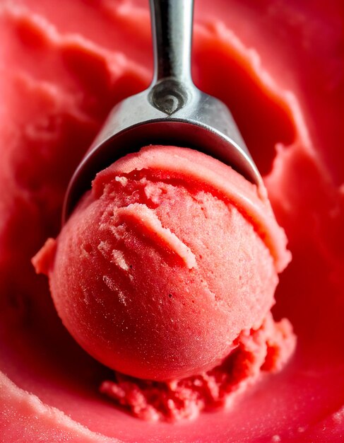 Scoop di craveworthy sorbetto alla fragola congelato con consistenza vellutata Macro shot Dessert estivo dolci sani senza zucchero