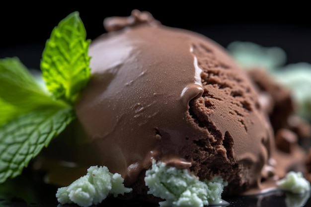 Scoop di gelato al cioccolato su una piccola ciotola con cucchiaio