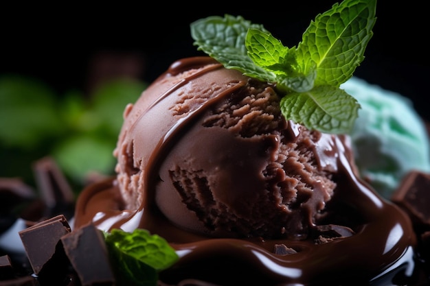 Scoop di gelato al cioccolato su una piccola ciotola con cucchiaio