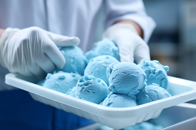 Scoop di gelato blu in coni su una luce