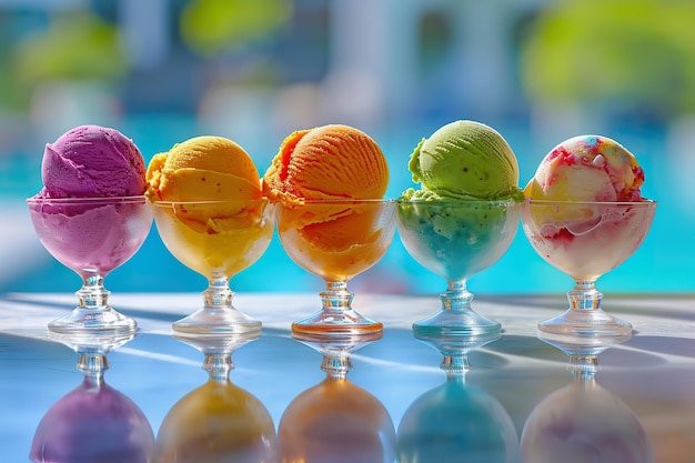 Scoop di gelato colorati in ciotole di vetro vicino alla piscina