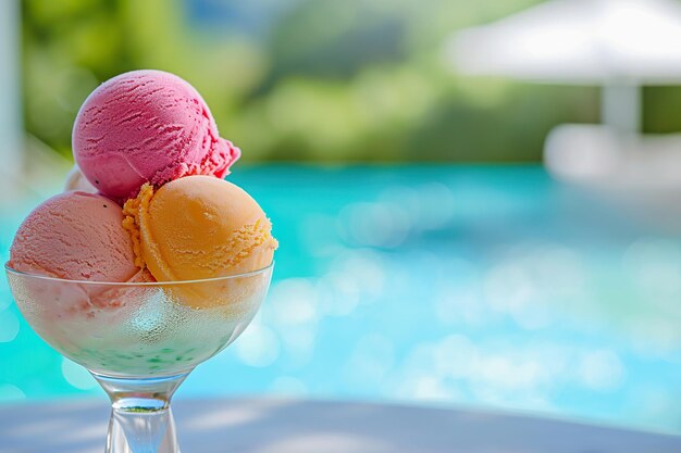 Scoop di gelato colorati in una ciotola di vetro vicino alla piscina