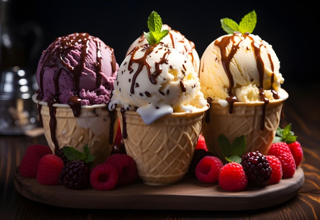 Scoop di gelato in coni di waffle con bacche e menta su sfondo di legno