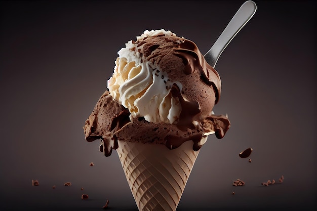 Scoop di ricco gelato al cioccolato con scaglie Generative Ai