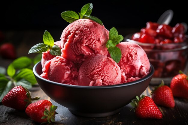 Scoop di rinfrescante gelato alla fragola in una ciotola Generative Ai