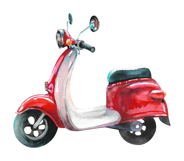 Scooter ad acquerello Scooter rosso in stile retrò su sfondo bianco