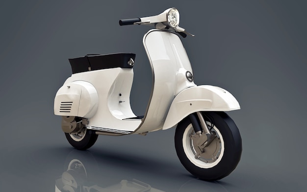 Scooter bianco europeo vintage su sfondo grigio. rendering 3D.