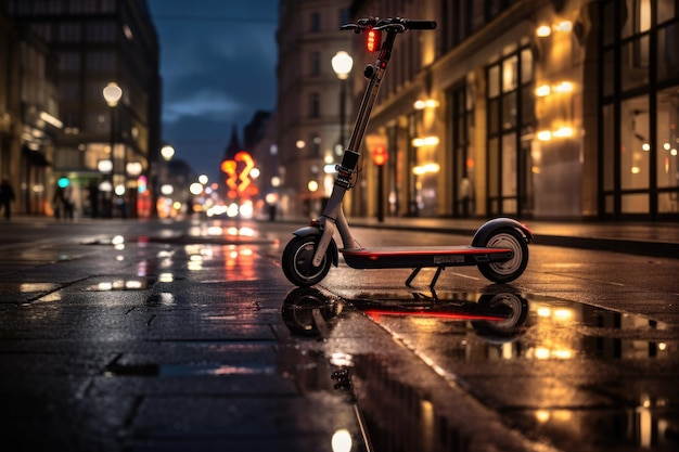Scooter elettrico su una strada notturna della città scooter elettrico nel paesaggio della città in piedi sulla strada scooter elettrica in città generato da AI