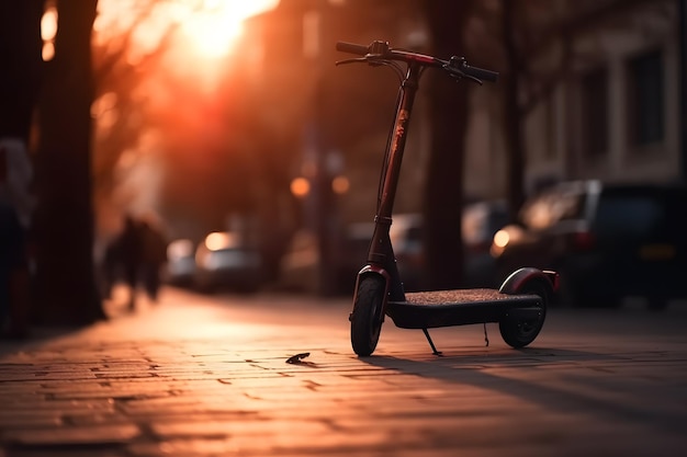 Scooter elettrico sull'ora del tramonto della strada Rete neurale AI generata