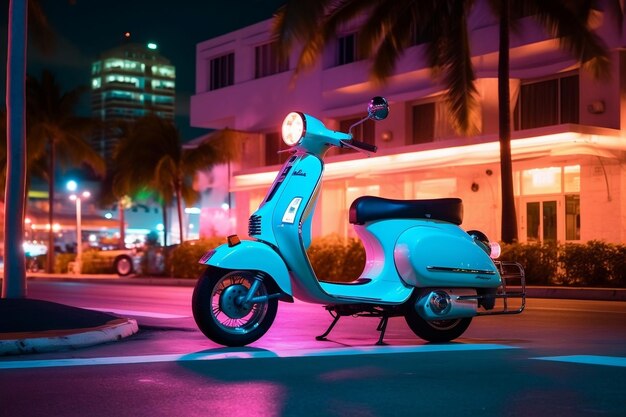 Scooter Moped a Ocean Drive Miami Beach di notte Generative Ai