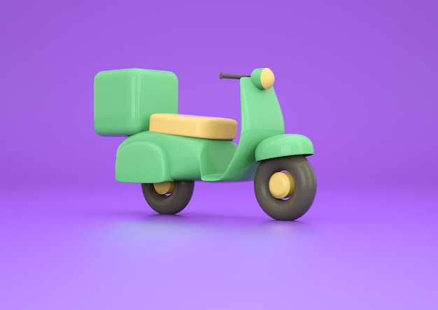 Scooter per la consegna della pizza su sfondo viola rendering 3d