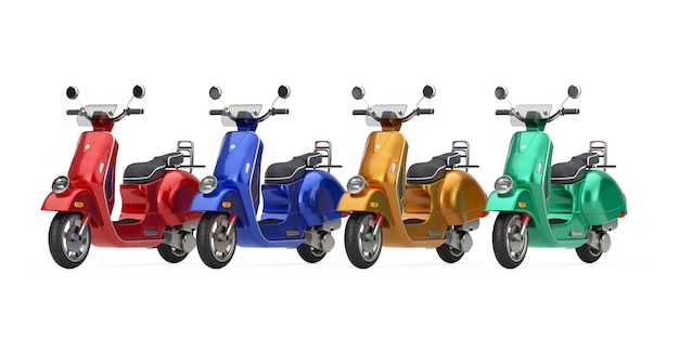 Scooter retrò o elettrici d'epoca classici multicolori su uno sfondo bianco 3d Rendering