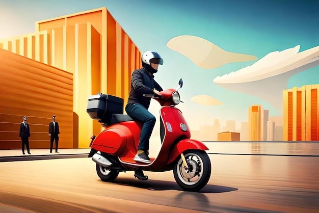 Scooter rosso 3D con borsa di consegna e consegnatore su sfondo giallo