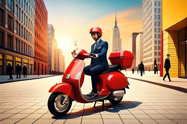 Scooter rosso 3D con borsa di consegna e consegnatore su sfondo giallo