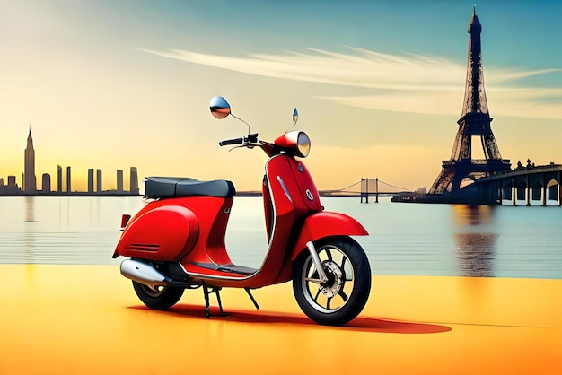 Scooter rosso 3D con borsa di consegna e consegnatore su sfondo giallo