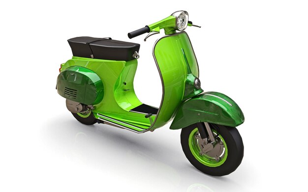 Scooter verde europeo vintage su sfondo bianco. rendering 3D.