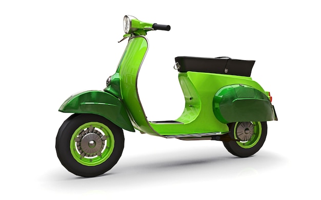 Scooter verde europeo vintage su sfondo bianco. rendering 3D.