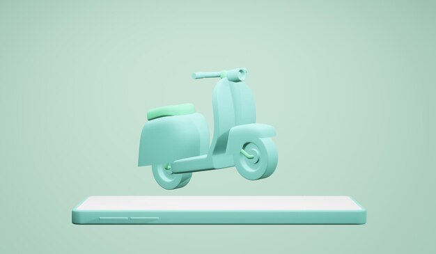 scooter verde pastello sopra il telefono cellulare per l'illustrazione 3d del servizio di consegna online