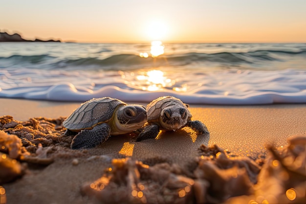 Scoperta della fauna costiera, cuccioli di tartaruga marina che sbarcano alla luce del sole dell'Oceano Atlantico. IA generativa