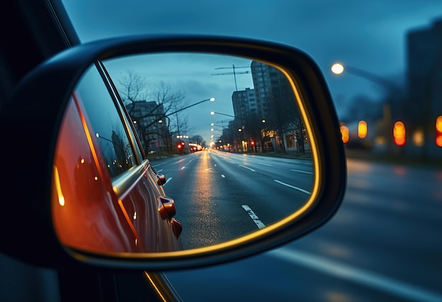 Scopri da vicino la brillantezza dell'avviso di angolo cieco illuminato di un'auto di lusso nello specchietto retrovisore