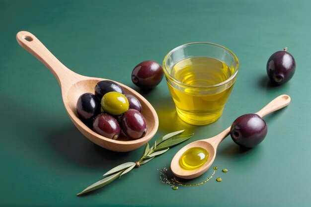 Scopri il fascino mediterraneo nella nostra fotografia stock con olive e olio d'oliva su uno sfondo verde completo di un cucchiaio di legno rustico generato dall'IA