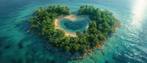 Scopri il romanticismo Un'isola a forma di cuore annidata nell'Oceano Caraibico adornata da palme una spiaggia incontaminata e un lago tranquillo al suo centro