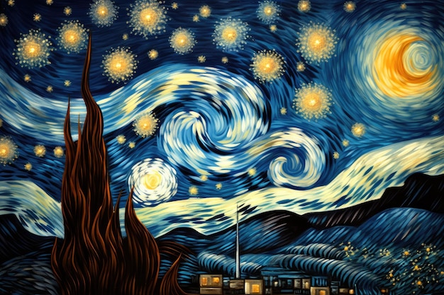 Scopri l'opera d'arte maestosa di un sereno cielo notturno splendidamente rappresentato con innumerevoli stelle scintillanti Il dipinto di Van Gogh di girasoli sotto un cielo notturno stellato Generato dall'intelligenza artificiale