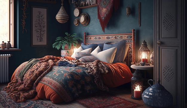 Scopri la bellezza del design turco con una camera da letto che mette in mostra tessuti ricchi, motivi intricati ed elementi tradizionali generati dall'intelligenza artificiale