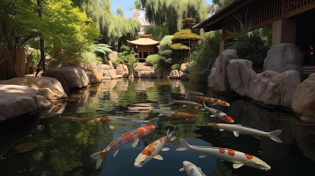 Scopri la bellezza e la serenità di un giardino zen giapponese con un tranquillo laghetto koi pietre disposte ad arte e piante accuratamente curate Generato dall'IA