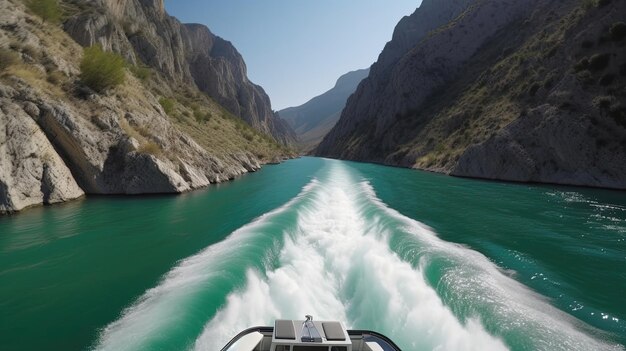 Scopri la maestosa bellezza di uno stretto canyon mentre ti imbarchi in un'affascinante gita in barca navigando attraverso il suo percorso tortuoso Generato dall'IA