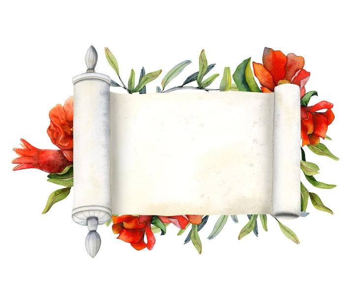 Foto scorrimento vuoto con modello di banner di fiori di melograno rosso o acquerello di cartolina d'auguri di rosh hashanah