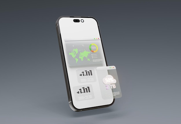 SCREEN BIANCO MOBILE con pannello di controllo del sito web 3D analisi dei dati SEO ai robot caricamento di video grafica