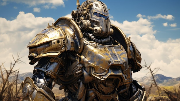 Screenshot di Fallout Armor in stile John Wilhelm Grigio e oro Vray Art