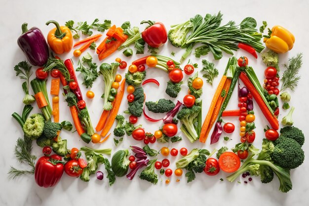 scritte vegane fatte di verdure su sfondo bianco