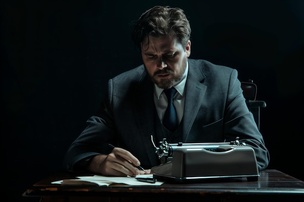 scrittore uomo in giacca nera che scrive su macchina da scrivere