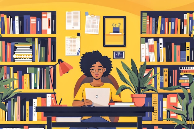 Scrittrice nel suo ufficio a casa nel bel mezzo del suo processo creativo