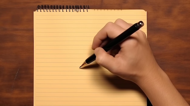 Scrittura a mano maschile su un taccuino con una penna nera su un tavolo di legno IA generativa