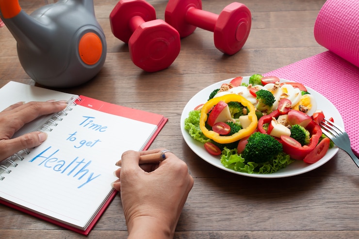 Foto scrittura della donna sul libro del diario con attrezzature per il fitness e insalata sul tavolo
