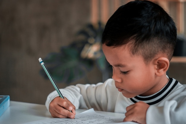 Scrittura della matita della tenuta del ragazzo del bambino. Ragazzo asiatico che fa i compiti, carta da lettere per bambini, concetto educativo, ritorno a scuola.